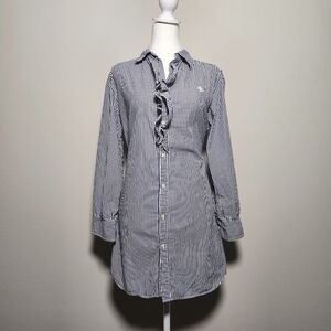 Ralph Lauren RLL Ruffle Striped Button Up Blouse Women's Navy 100% Cotton L